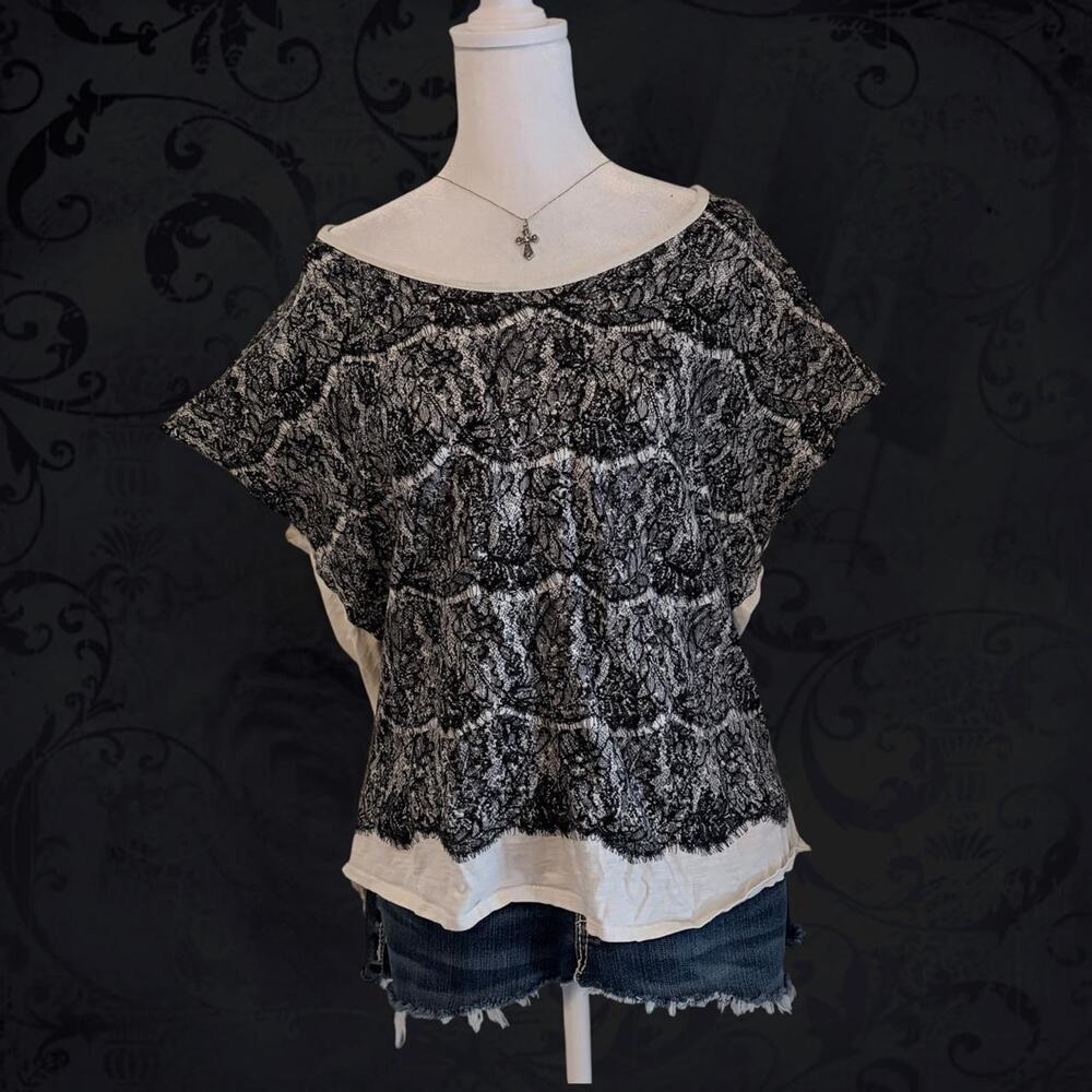 layered black lace overlay ornate floral white dolman top